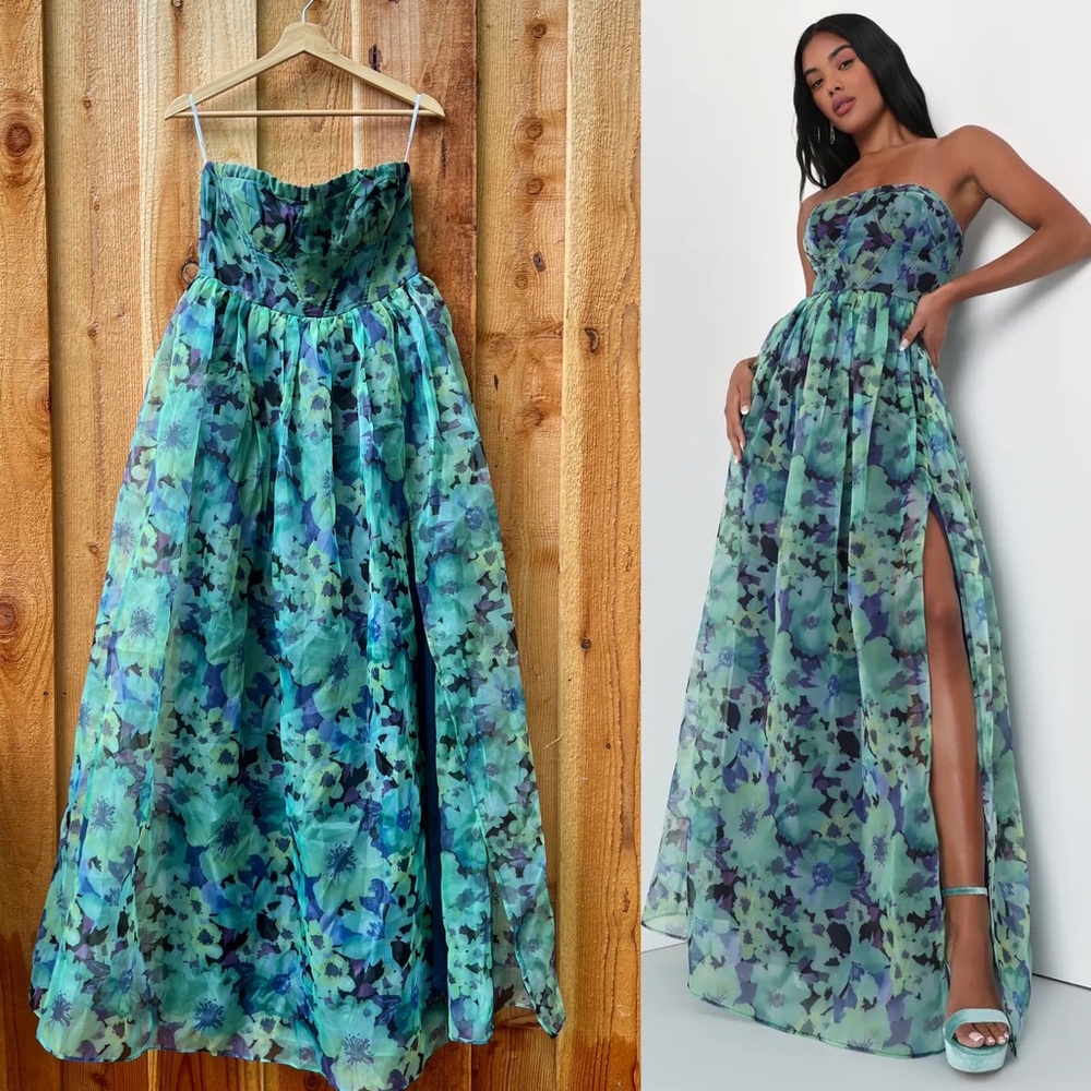 Green and Teal Floral Strapless Bustier Organza Maxi Dress 🌿